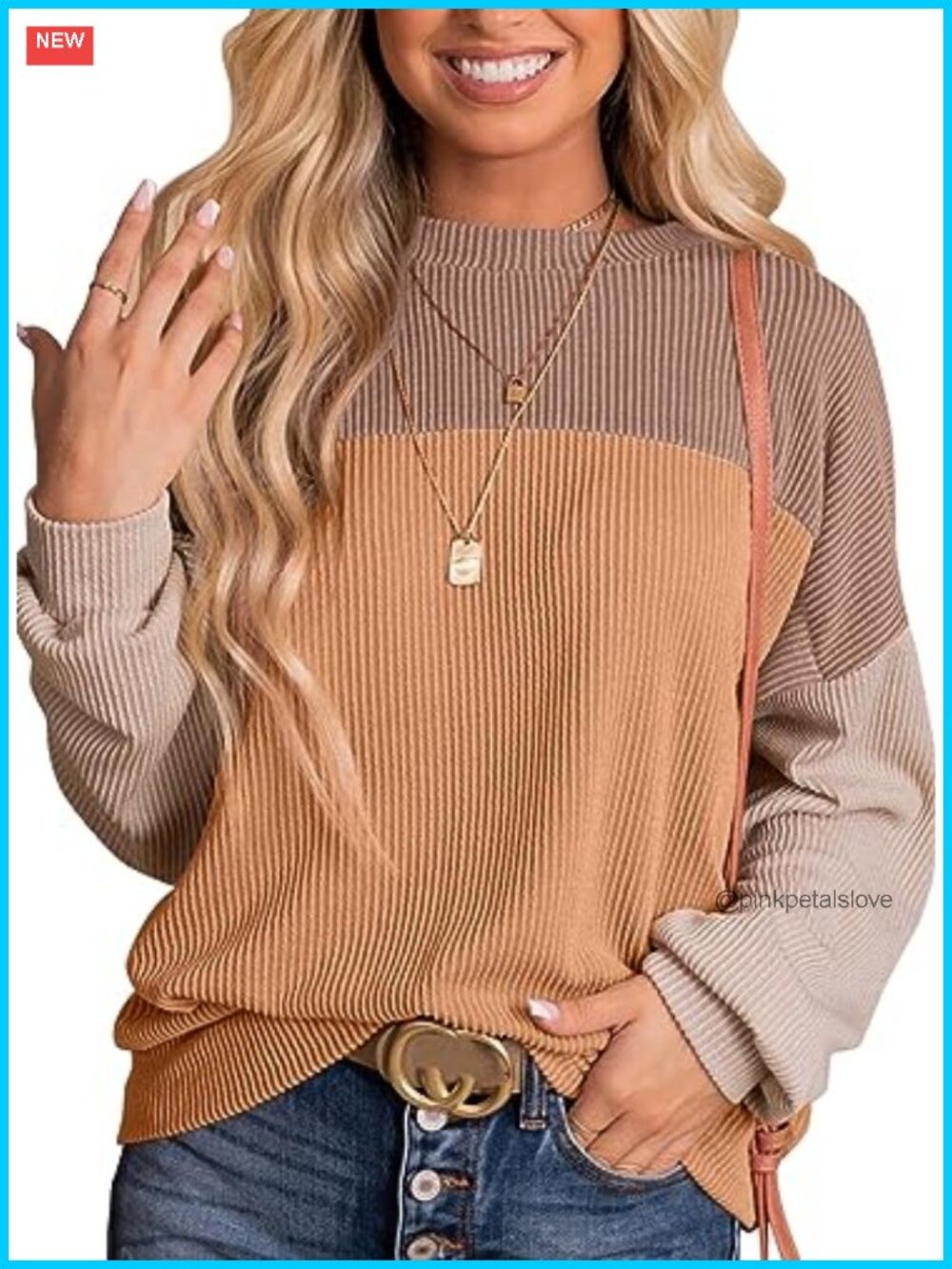 Dokotoo Womens Ribbed Knit Color Block Long Sleeve Tunic Top